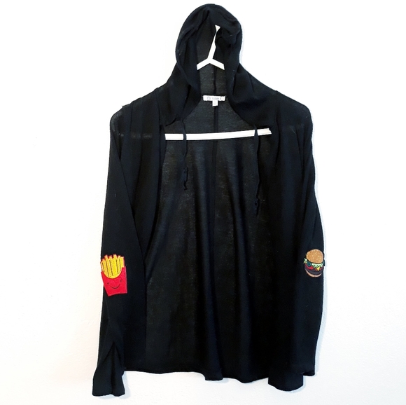 Noble U Black Hooded Cardigan with Emoji Burger + Fries Elbow Patches - Picture 2 of 7
